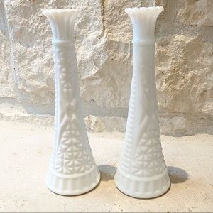 Vintage Milk Glass 9” Stars and Bars Wedding Vases Set of 2